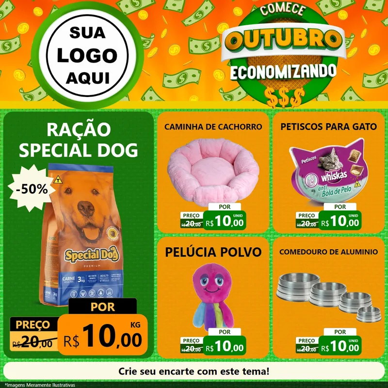 Modelo de Rede Social para Feed Facebook com o tema Comece Outubro Economizando para Pet Shop