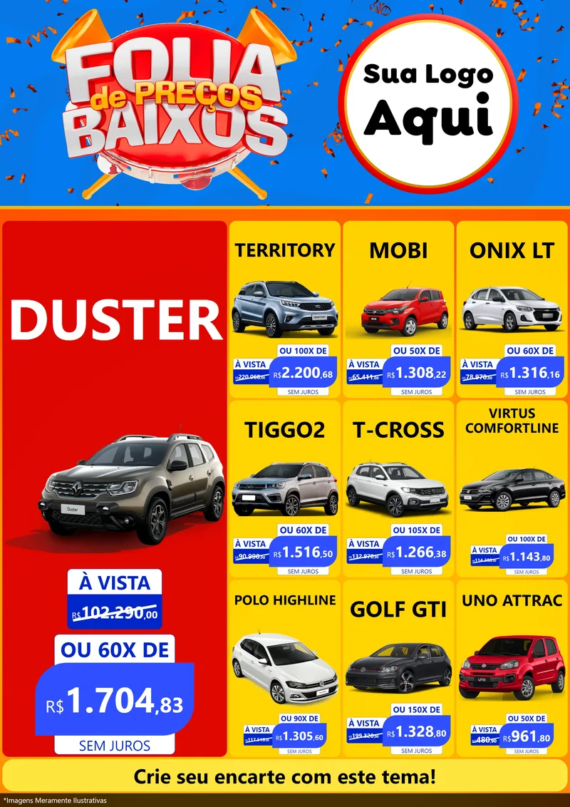 Modelo de Encarte para Encarte A4 Vertical com o tema Folia de Preços Baixos para Concessionaria de Carros