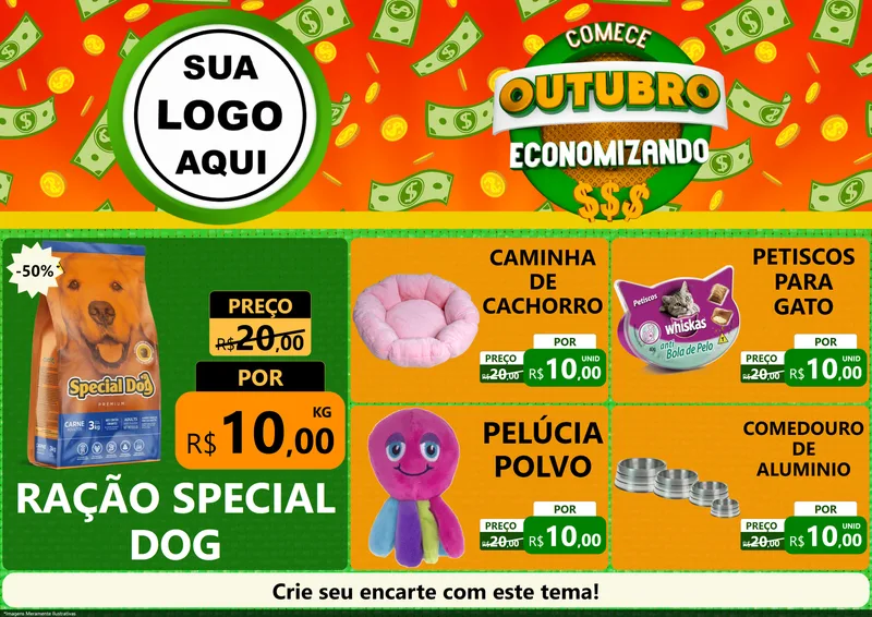 Modelo de Encarte para Encarte A4 Horizontal com o tema Comece Outubro Economizando para Pet Shop