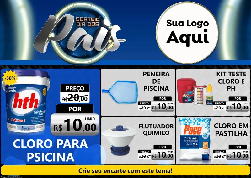 Modelo de Encarte para Encarte A4 Horizontal com o tema Sorteio Dia Dos Pais para Produtos para Piscina