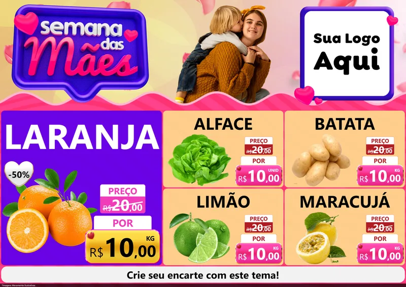 Modelo de Encarte para Encarte A4 Horizontal com o tema Semana das Mães para Hortifrúti