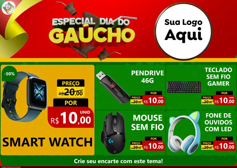 Modelo de Encarte para Encarte A4 Horizontal com o tema Especial Dia do Gaúcho para Informática