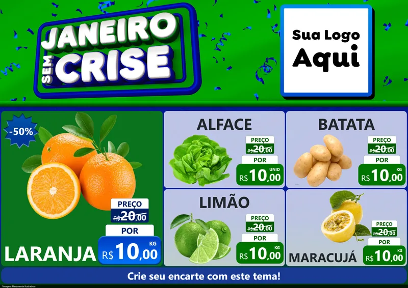 Modelo de Encarte para Encarte A4 Horizontal com o tema Janeiro Sem Crise para Hortifrúti