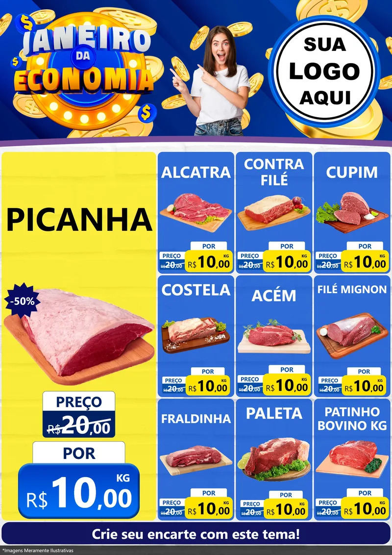 Modelo de Encarte para Encarte A4 Vertical com o tema Janeiro da Economia para Açougue