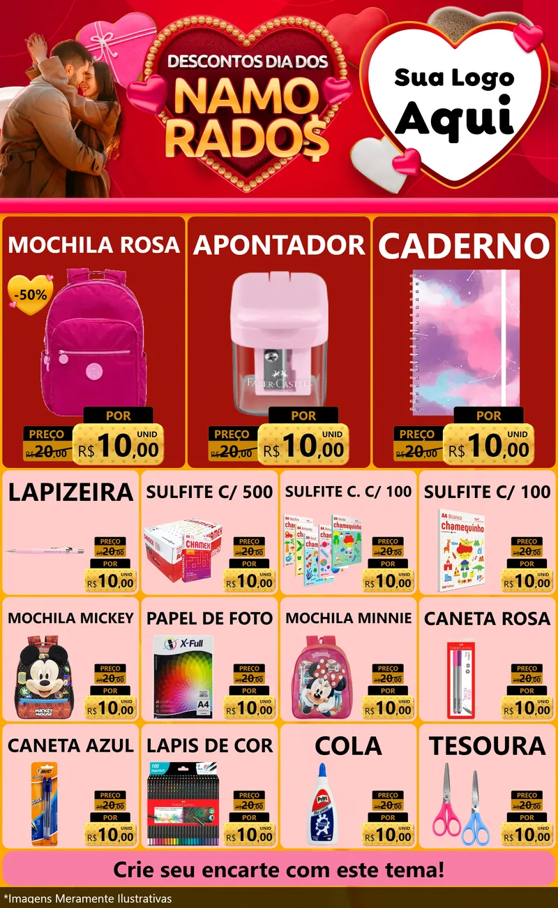 Modelo de Encarte para Encarte Grande com o tema Descontos Dia dos Namorados para Papelaria