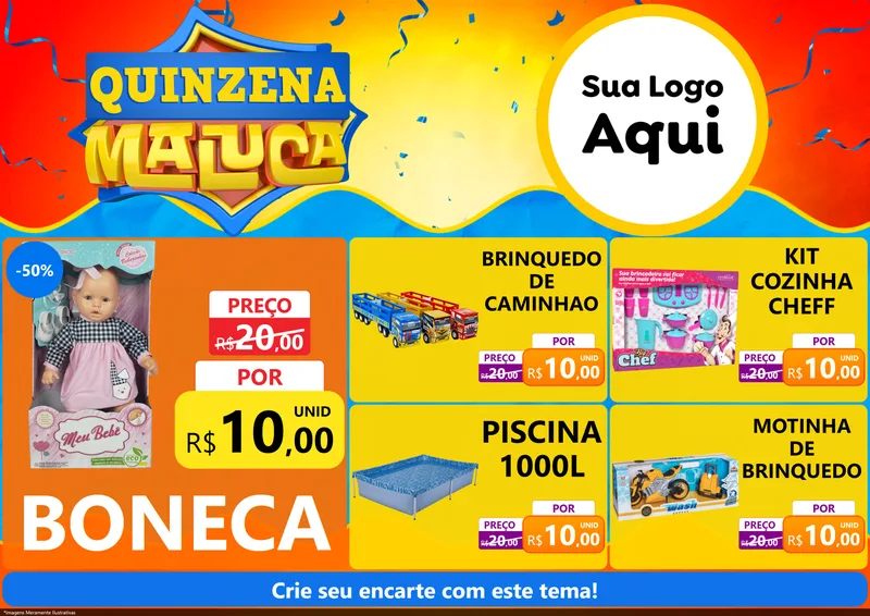 Modelo de Encarte para Encarte A4 Horizontal com o tema Quinzena Maluca para Brinquedos