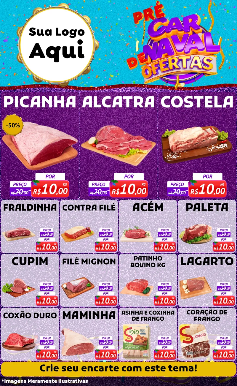 Modelo de Encarte para Encarte Grande com o tema Pré Carnaval de Ofertas para Açougue