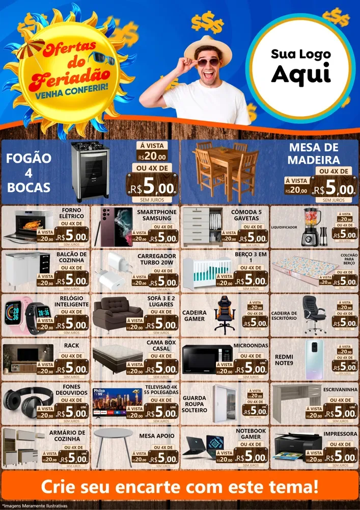 Modelo de Encarte para Encarte A4 Vertical com o tema Ofertas do Feriadão para Móveis e Eletro