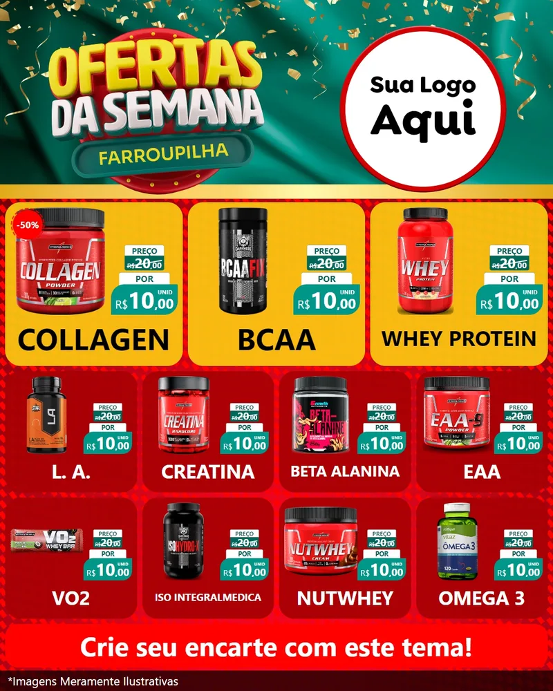 Modelo de Rede Social para Feed Instagram com o tema Ofertas da Semana Farroupilha para Suplementos alimentares