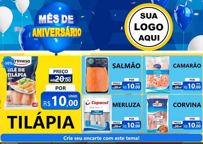 Modelo de Encarte para Encarte A4 Horizontal com o tema Mês de Aniversário para Peixaria
