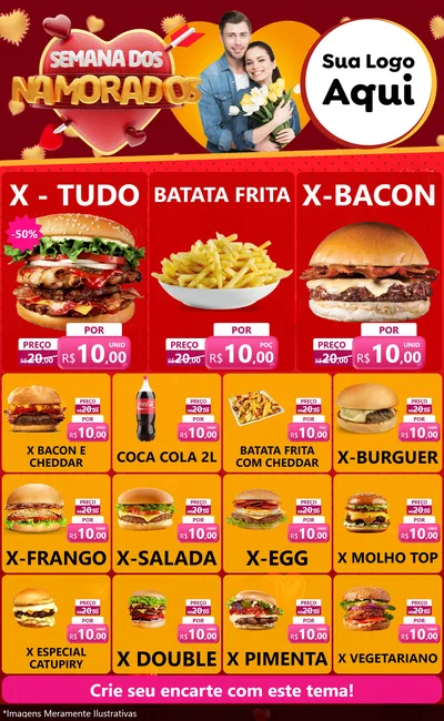 Modelo de Encarte para Encarte Grande com o tema Semana dos Namorados para Hamburgueria
