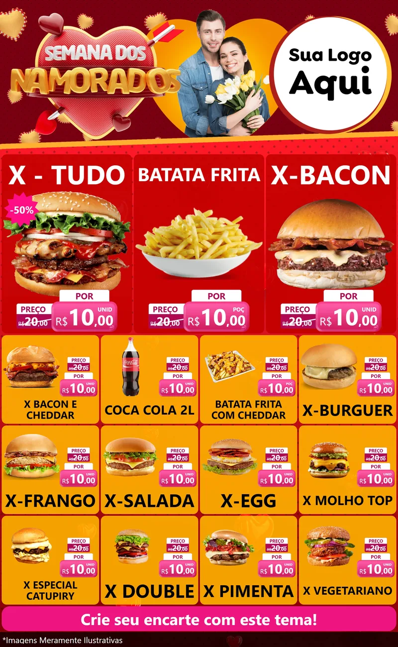 Modelo de Encarte para Encarte Grande com o tema Semana dos Namorados para Hamburgueria