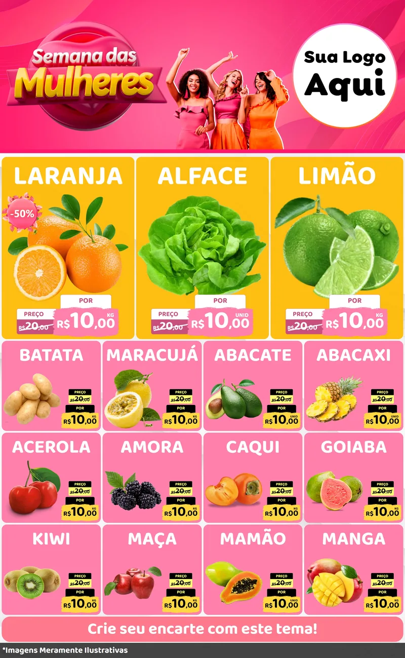 Modelo de Encarte para Encarte Grande com o tema Semana das Mulheres para Hortifrúti
