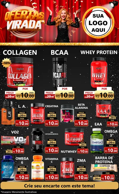 Modelo de Encarte para Encarte Grande com o tema Ofertas da Virada para Suplementos alimentares