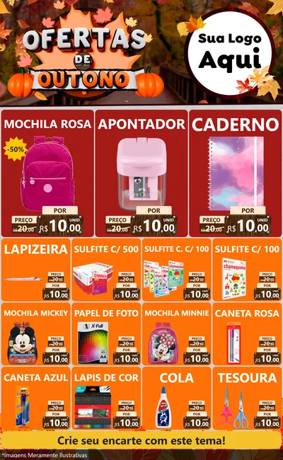 Modelo de Encarte para Encarte Grande com o tema Ofertas de Outono para Papelaria