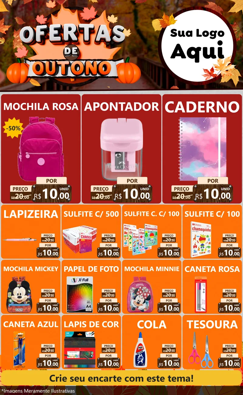 Modelo de Encarte para Encarte Grande com o tema Ofertas de Outono para Papelaria
