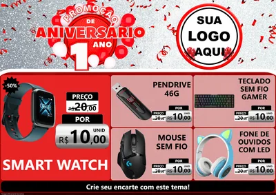 Modelo de Encarte para Encarte A4 Horizontal com o tema Promoção de Aniversário - 1 Ano para Informática