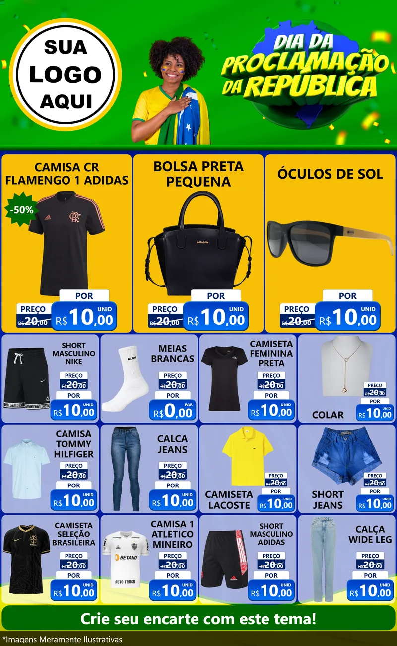 Modelo de Encarte para Encarte Grande com o tema Dia Da Proclamação Da República para Roupas e acessórios
