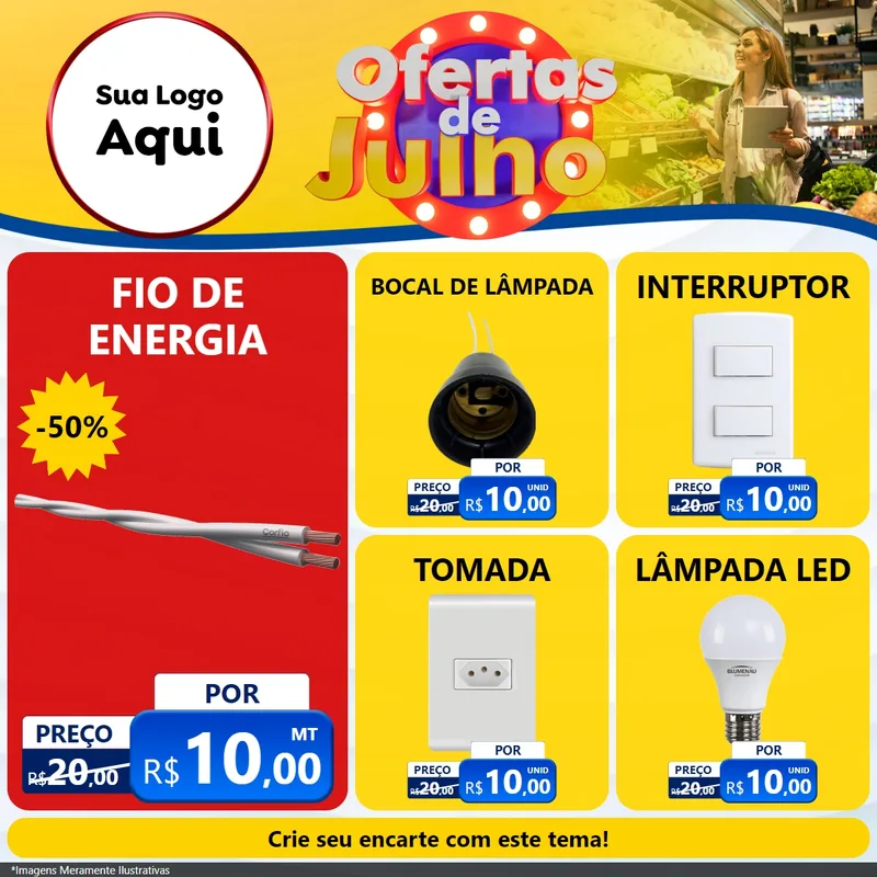 Modelo de Rede Social para Feed Facebook com o tema Ofertas de Julho para Materiais Elétricos