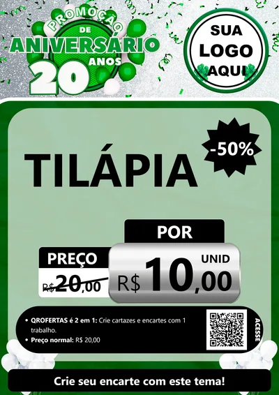 Modelo de Cartaz para Cartaz A4 Vertical com o tema Promoção de Aniversário - 20 Anos para Peixaria