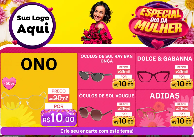 Modelo de Encarte para Encarte A4 Horizontal com o tema Especial Dia da Mulher para Óticas