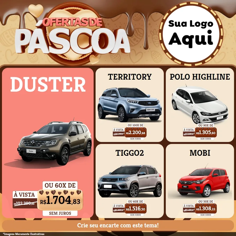 Modelo de Rede Social para Feed Facebook com o tema Ofertas de Páscoa para Concessionaria de Carros
