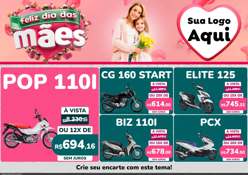 Modelo de Encarte para Encarte A4 Horizontal com o tema Feliz Dia das Mães para Concessionaria de Motos