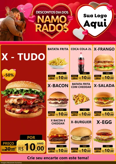 Modelo de Encarte para Encarte A4 Vertical com o tema Descontos Dia dos Namorados para Hamburgueria