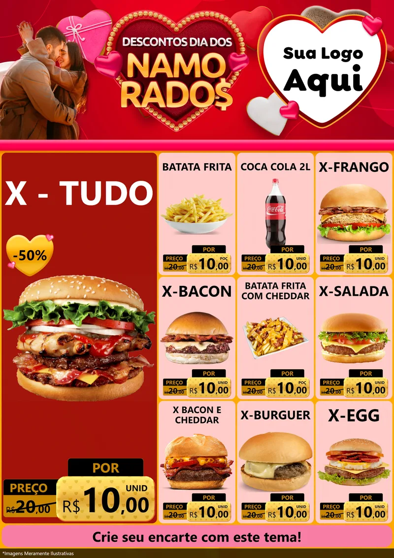 Modelo de Encarte para Encarte A4 Vertical com o tema Descontos Dia dos Namorados para Hamburgueria