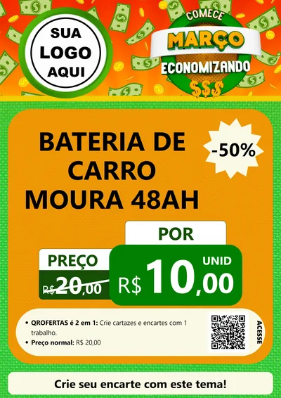 Modelo de Cartaz para Cartaz A4 Vertical com o tema Comece Março Economizando para Baterias Elétricas