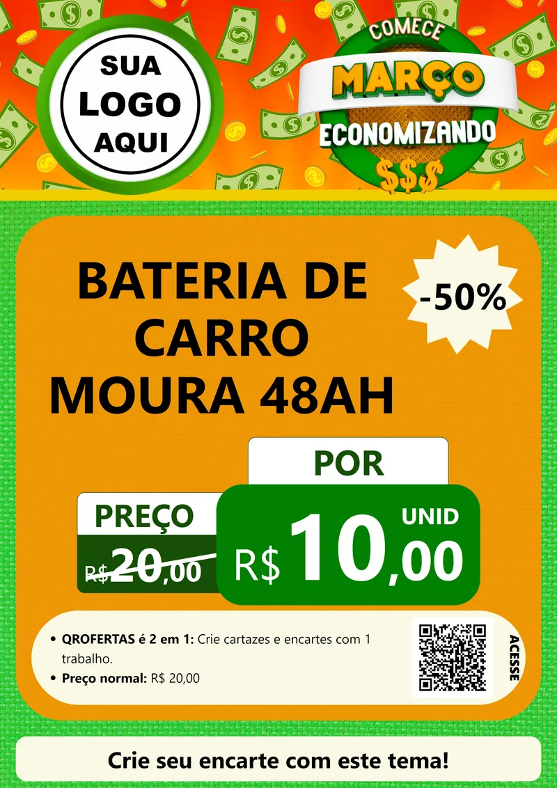 Modelo de Cartaz para Cartaz A4 Vertical com o tema Comece Março Economizando para Baterias Elétricas