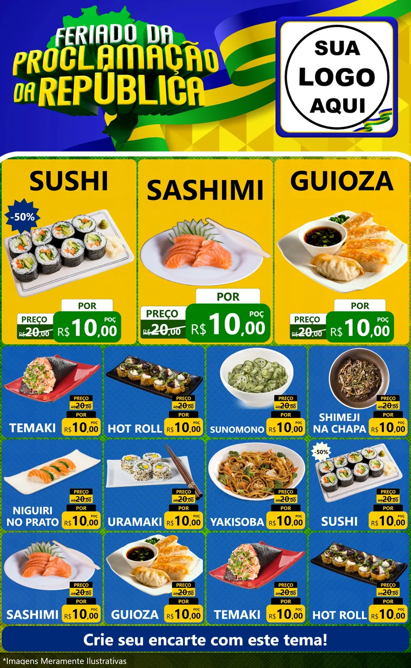 Modelo de Encarte para Encarte Grande com o tema Feriado da Proclamação da República para Comida japonesa