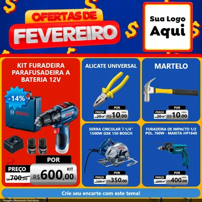 Modelo de Rede Social para Feed Facebook com o tema Ofertas de Fevereiro para Maquinas e Ferramentas