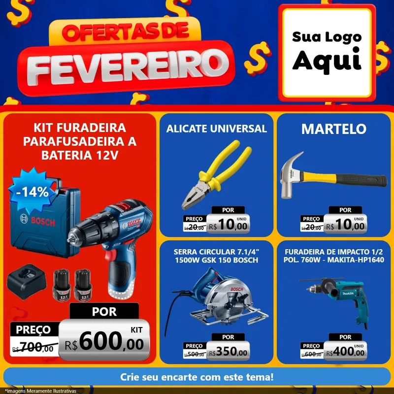Modelo de Rede Social para Feed Facebook com o tema Ofertas de Fevereiro para Maquinas e Ferramentas