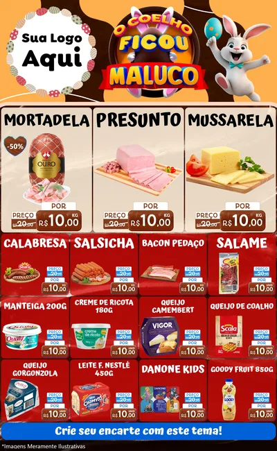 Modelo de Encarte para Encarte Grande com o tema O Coelho Ficou Maluco - Páscoa para Frios e Laticínios