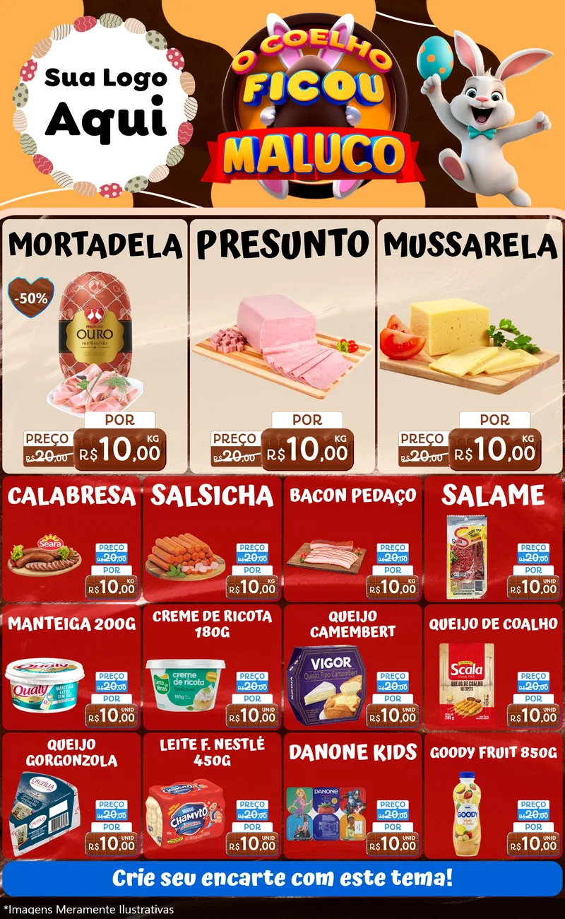 Modelo de Encarte para Encarte Grande com o tema O Coelho Ficou Maluco - Páscoa para Frios e Laticínios