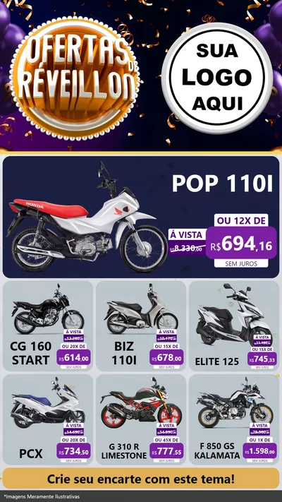 Modelo de Rede Social para Stories com o tema Ofertas de Réveillon para Concessionaria de Motos