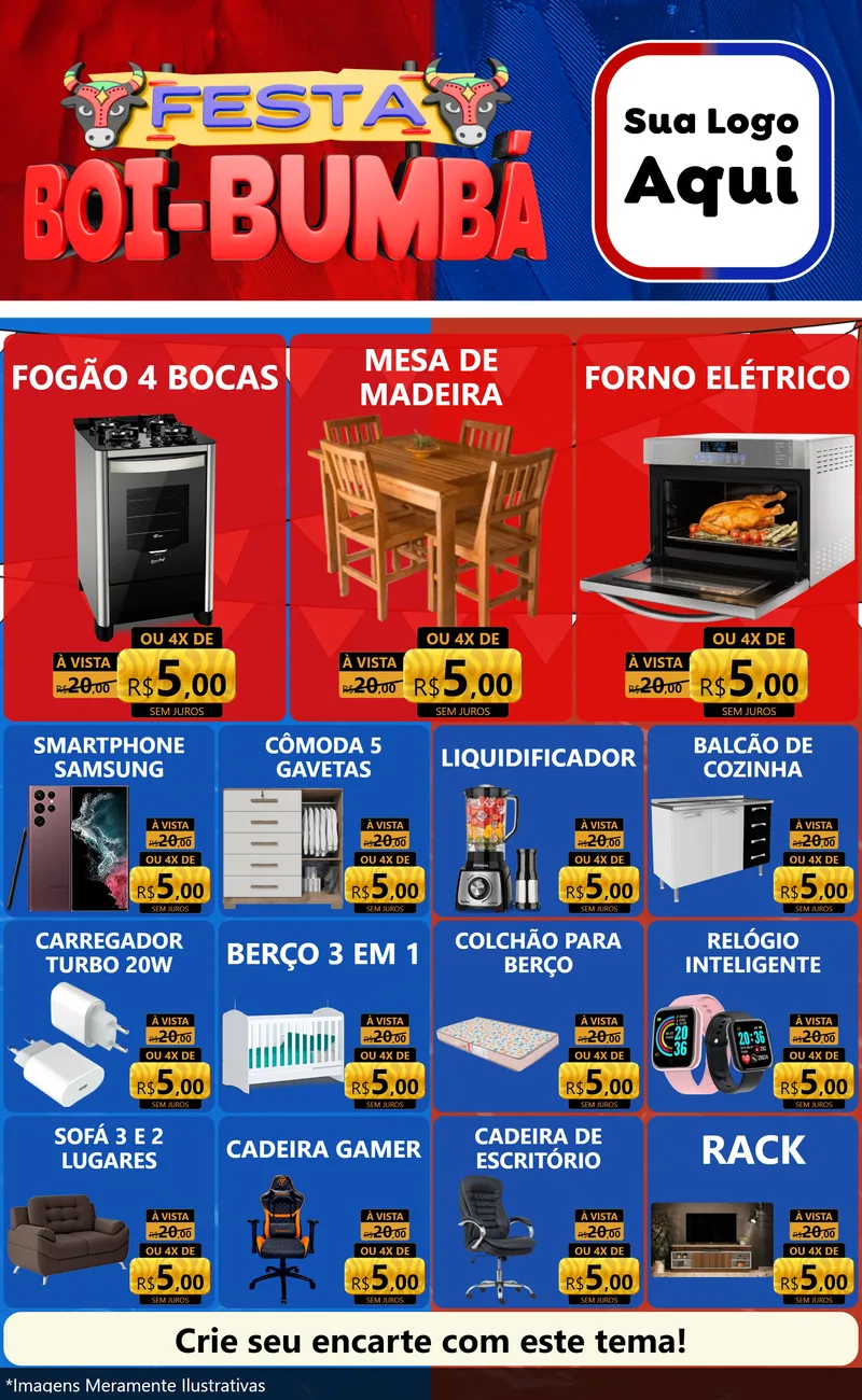 Modelo de Encarte para Encarte Grande com o tema Festa Boi Bumbá para Móveis e Eletro