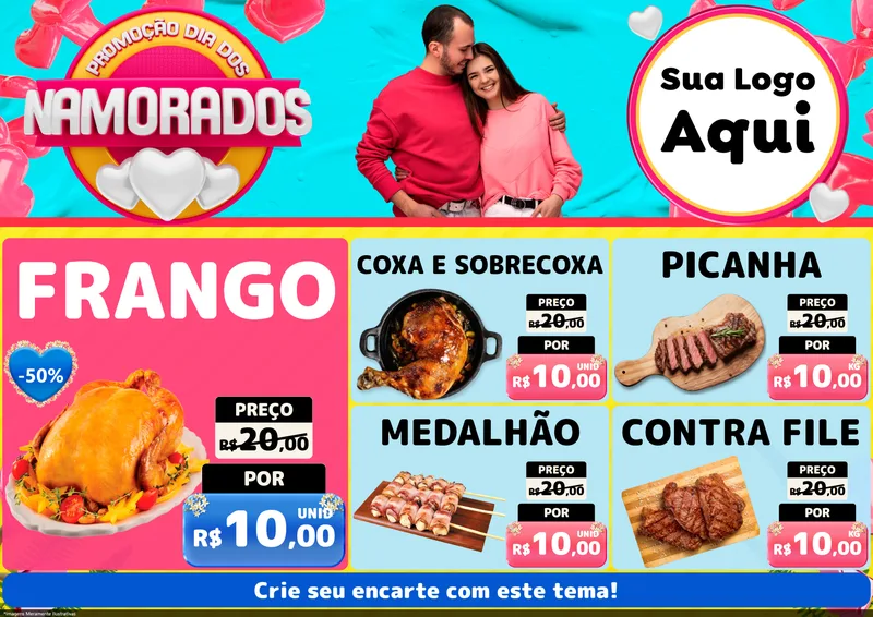 Modelo de Encarte para Encarte A4 Horizontal com o tema Promoção Dia dos Namorados para Assados