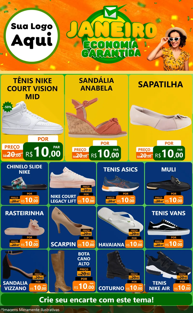 Modelo de Encarte para Encarte Grande com o tema Janeiro - Economia Garantida para Calçados
