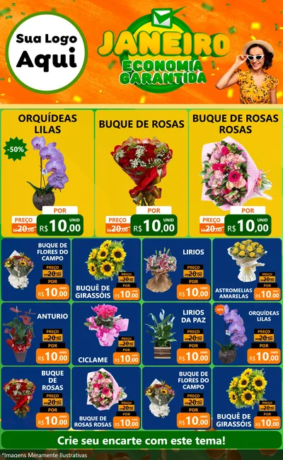 Modelo de Encarte para Encarte Grande com o tema Janeiro - Economia Garantida para Floricultura e jardim