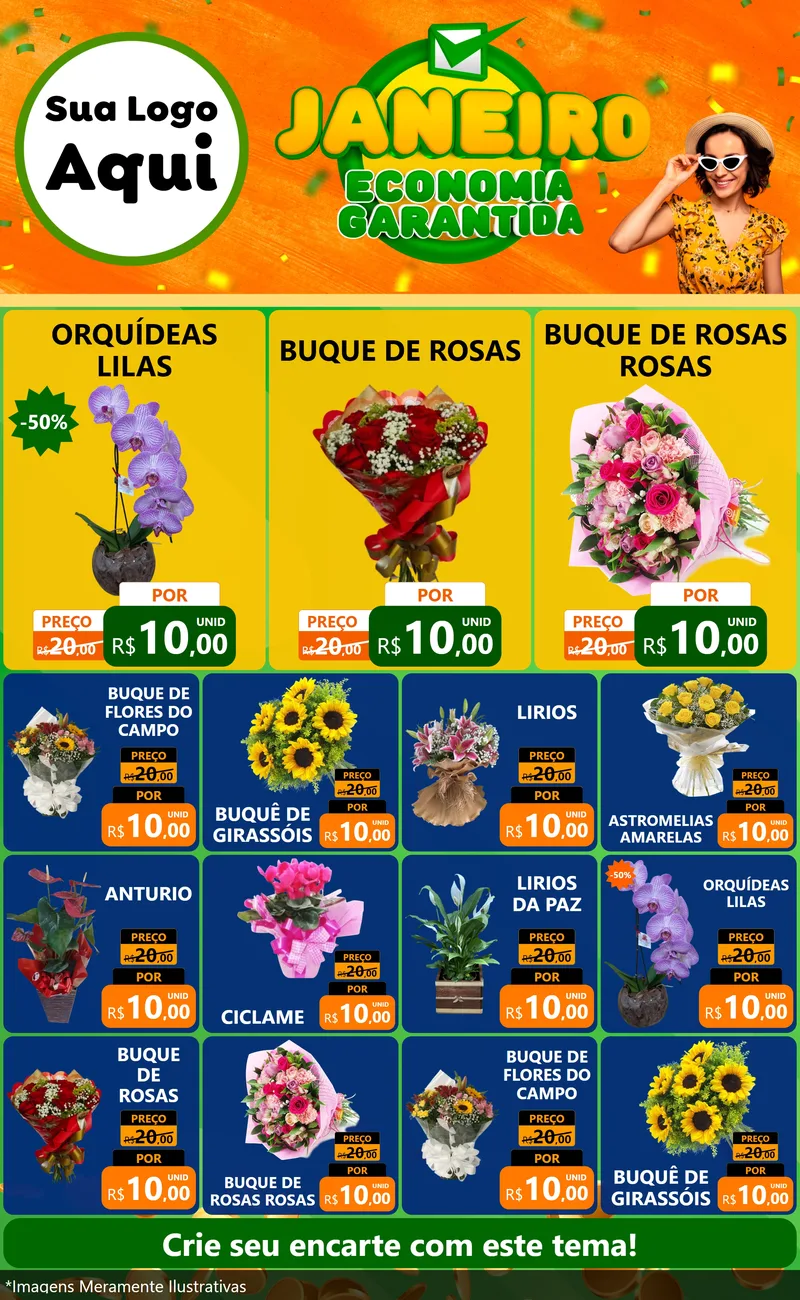 Modelo de Encarte para Encarte Grande com o tema Janeiro - Economia Garantida para Floricultura e jardim