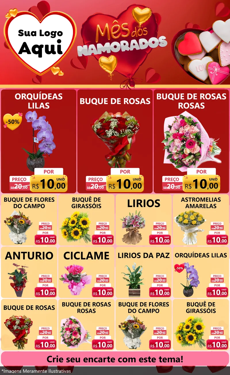 Modelo de Encarte para Encarte Grande com o tema Mês dos Namorados para Floricultura e jardim