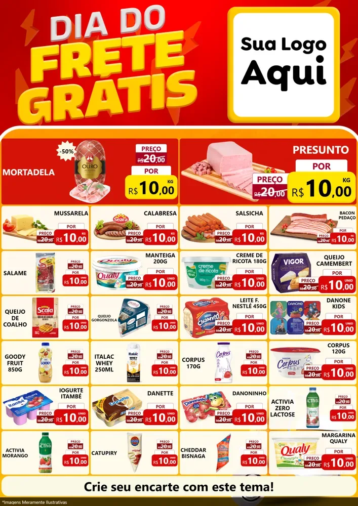 Modelo de Encarte para Encarte A4 Vertical com o tema Dia do Frete Grátis para Frios e Laticínios