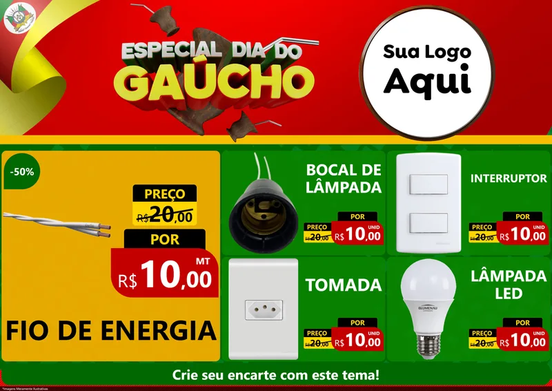 Modelo de Encarte para Encarte A4 Horizontal com o tema Especial Dia do Gaúcho para Materiais Elétricos