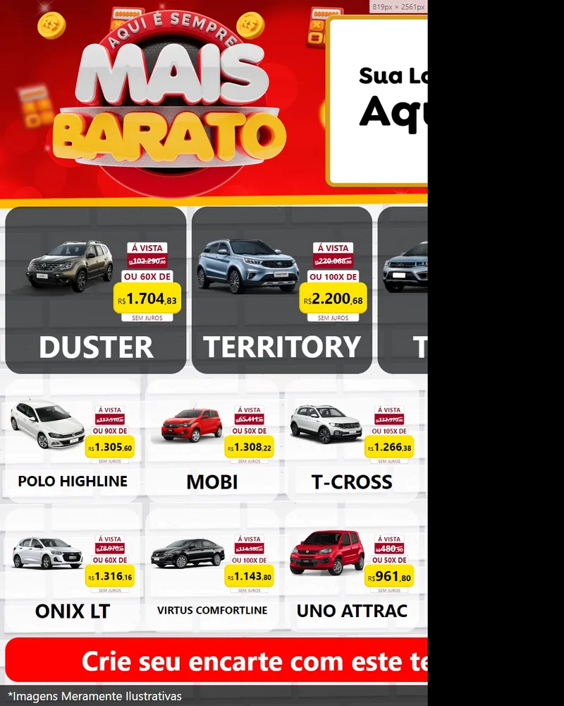 Modelo de Rede Social para Feed Instagram com o tema Mais Barato para Concessionaria de Carros