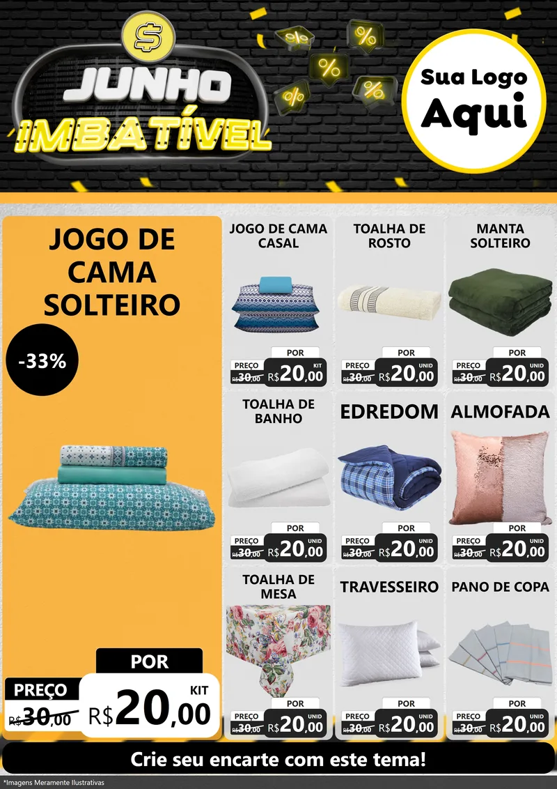 Modelo de Encarte para Encarte A4 Vertical com o tema Junho Imbatível para Cama, Mesa e Banho