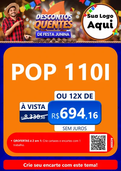 Modelo de Cartaz para Cartaz A4 Vertical com o tema Descontos Quentes de Festa Junina para Concessionaria de Motos