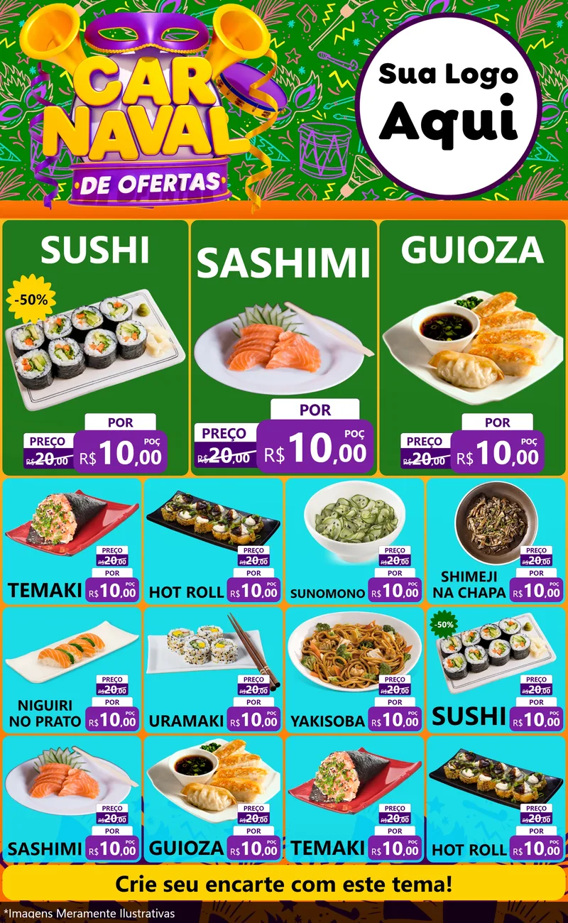 Modelo de Encarte para Encarte Grande com o tema Carnaval de Ofertas para Comida japonesa