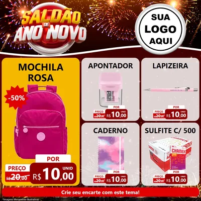 Modelo de Rede Social para Feed Facebook com o tema Saldão de Ano Novo para Papelaria